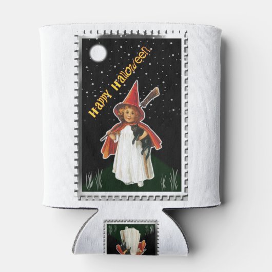 ハロウィーン – 小さな女の子と箒と黒猫 缶クーラー (裏面)