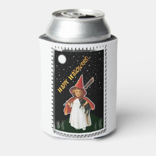 ハロウィーン – 小さな女の子と箒と黒猫 缶クーラー (缶裏面)
