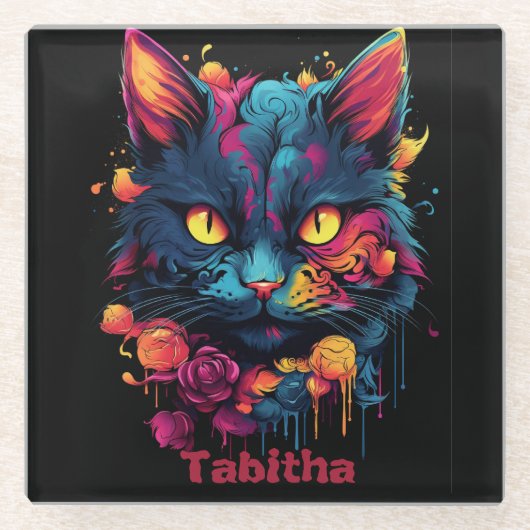 ハロウィーン/怖い猫/魔女/ウィザーパーソナライズされたド ガラスコースター (正面)