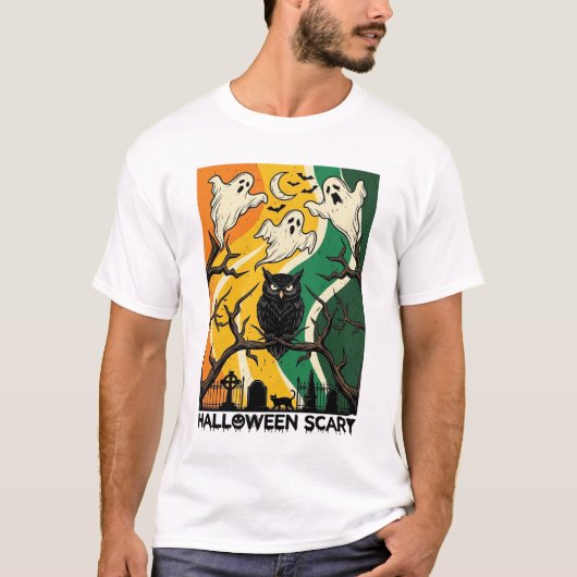 ハロウィーン 怖い 黒フクロウ 幽霊 墓場_1 Tシャツ (正面)