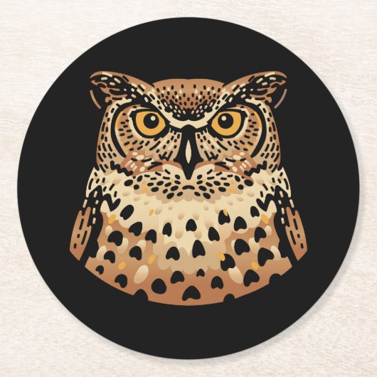 ハロウィーン、感謝祭、秋のためのゴールデンフクロウ ラウンドペーパーコースター (正面)