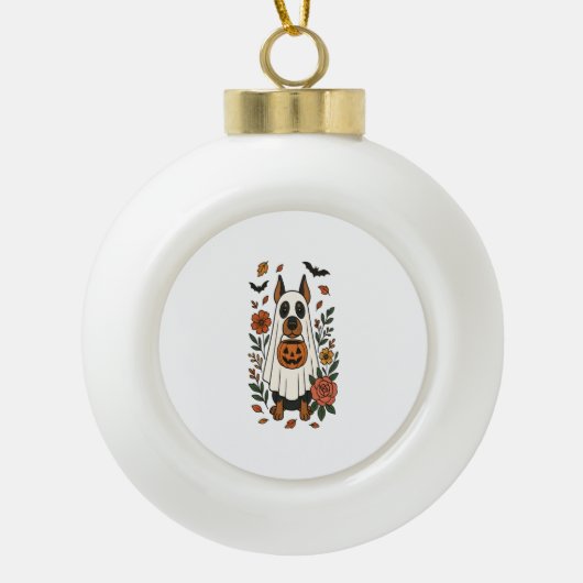 ハロウィーン（犬）ドーベルマン・ピンシェル花 セラミックボールオーナメント (正面)