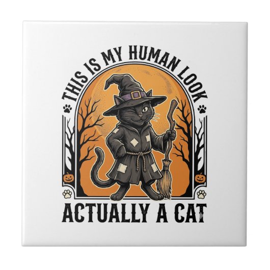 ハロウィーン 猫 コスチューム 面白い ヴィンテージ 魔女 猫 Tシャツ タイル (正面)