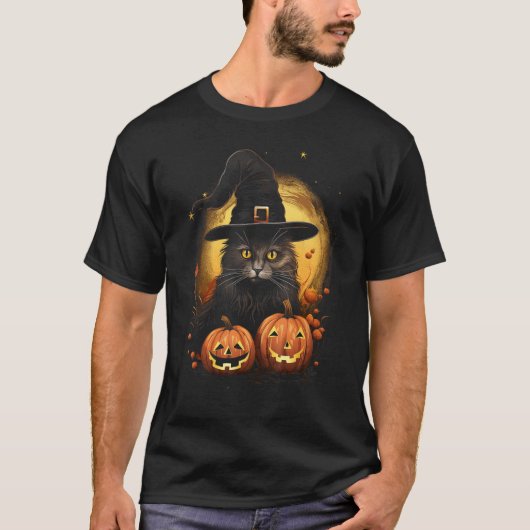 ハロウィーン 猫 魔女 帽子 かぼちゃ コスチューム Tシャツ (正面)