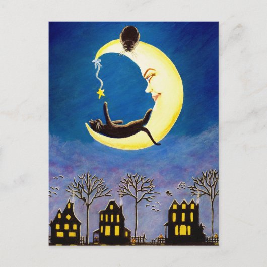 ハロウィーン，葉書，黒，猫，サレム，星，村 ポストカード (正面)