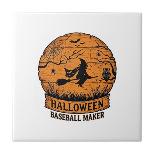 ハロウィーン 野球 メーカー 飛ぶ魔女 木の月 タイル (正面)