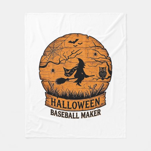 ハロウィーン 野球 メーカー 飛ぶ魔女 木の月 フリースブランケット (正面)