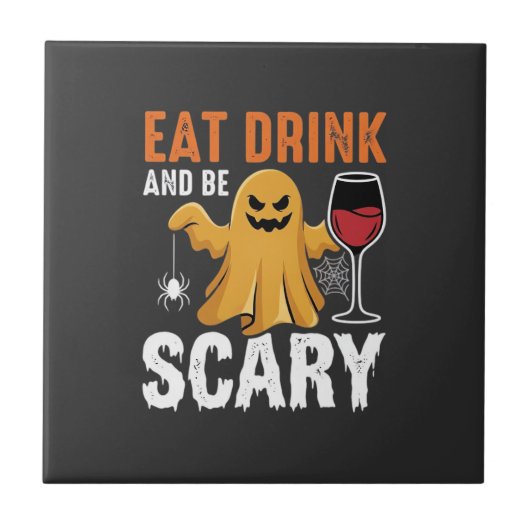 ハロウィーン 食べる 飲む 怖い ゴースト デザイン_1 タイル (正面)
