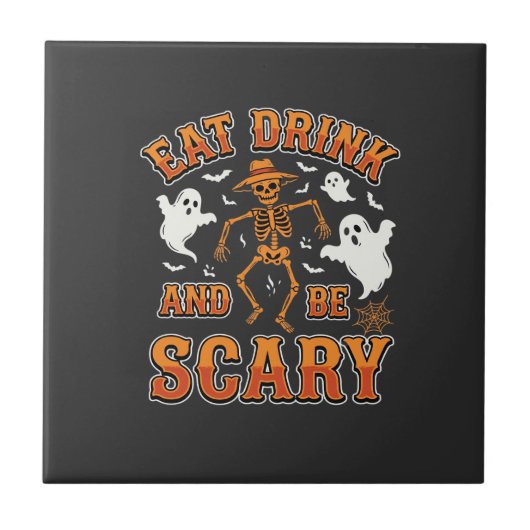 ハロウィーン 食べる 飲む 怖い ゴースト デザイン_1 タイル (正面)