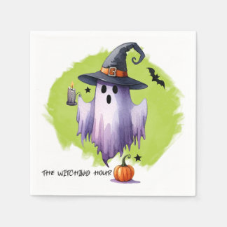 ハロウィーン 魔法の帽子をかぶったゴーストとカボチャ スタンダードカクテルナプキン