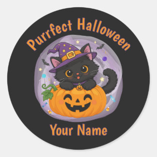 ハロウィーン 黒猫 ラウンドステッカー 名入れ ラウンドシール