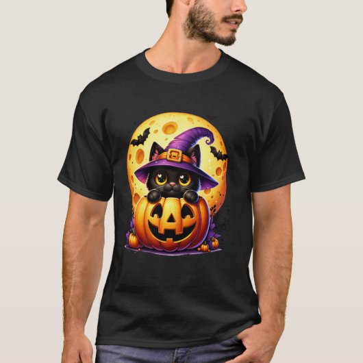 ハロウィーン 黒猫 魔女 帽子 かぼちゃ キッズ用 Tシャツ (正面)