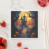 ハロウィーン/黒猫/魔女/魔法使い方曲がった家 スタンダードランチョンナプキン (インサイチュ)