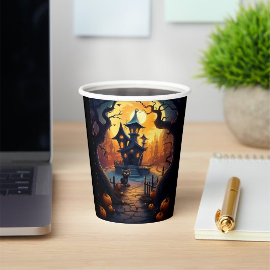 ハロウィーン/黒猫/魔女/魔法使い方曲がった家 紙コップ (インサイチュ)
