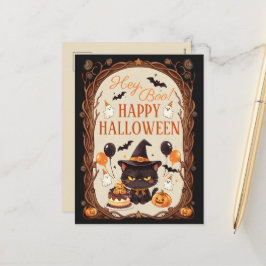 ハロウィーン 黒猫 魔法使い かわいい おばけ シーズンポストカード