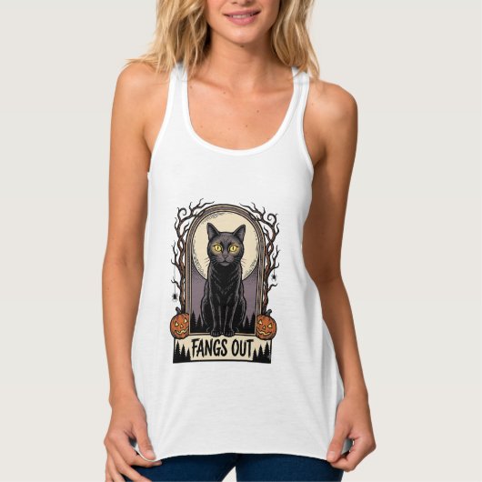 ハロウィーン 黒猫 Tシャツ ヴィンテージ ファング デザイン_1 (正面)