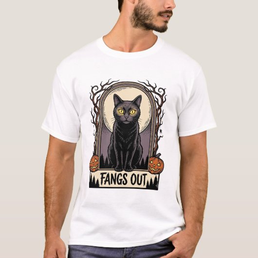 ハロウィーン 黒猫 Tシャツ ヴィンテージ ファング デザイン_1 (正面)