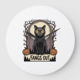 ハロウィーン 黒猫 Tシャツ ヴィンテージ ファング デザイン_1 ラージ壁時計