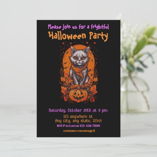 ハロウィーン、3子猫、かわいい、おもしろい、ジャック・オ・ランタン、 招待状 (スタンド正面)