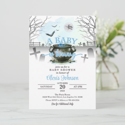 ハロウィーンAベビーが赤ちゃんシャワーブルーを醸造している 招待状 (スタンド正面)