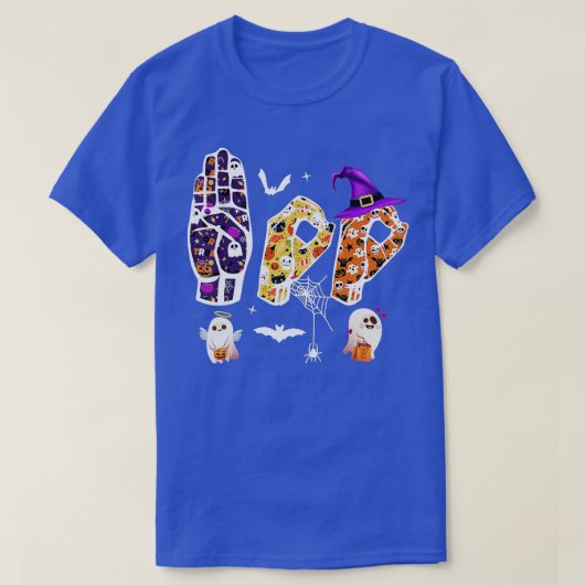 ハロウィーンASL、手指言語ブー幽霊ろう者P Tシャツ (デザイン正面)