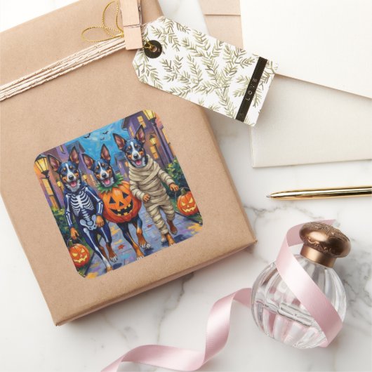 ハロウィーンCoでブルーヒーラードッグズトリックまたはトリートメント スクエアシール (ギフト)