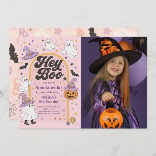 ハロウィーンHey Booかわいい幽霊誕生日パーティーの写真 招待状 (正面/裏面)
