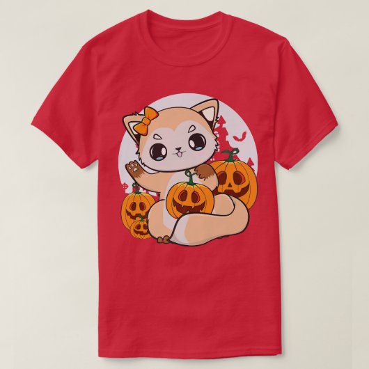 ハロウィーンP用かわいいカボチャのかわいいアニメキツネ Tシャツ (デザイン正面)