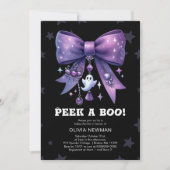 ハロウィーンPeek A Boo Purple Bow Baby Shower 招待状 (正面)