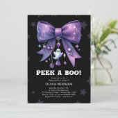 ハロウィーンPeek A Boo Purple Bow Baby Shower 招待状 (スタンド正面)