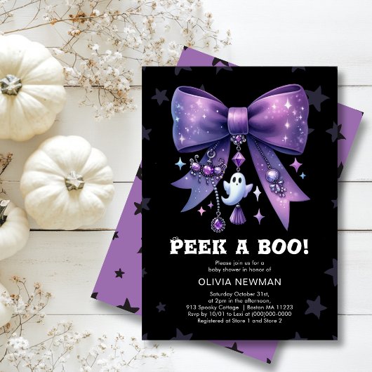 ハロウィーンPeek A Boo Purple Bow Baby Shower 招待状