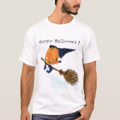 ハロウィーンTシャツウィッチカボチャ飛んでいるブロムおもしろい Tシャツ (正面)