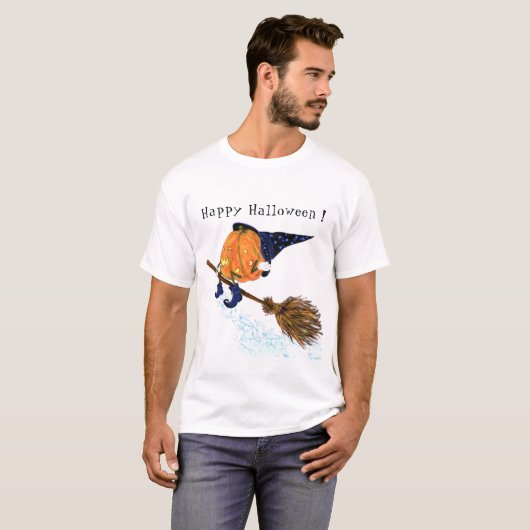 ハロウィーンTシャツウィッチカボチャ飛んでいるブロムおもしろい Tシャツ (正面フル)