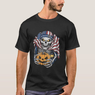 ハロウィーンTシャツスカルアメリカ国旗の怖いホラー Tシャツ