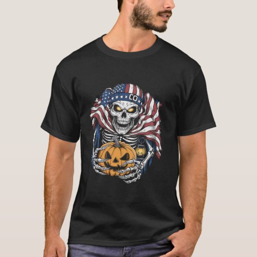 ハロウィーンTシャツスカルアメリカ国旗の怖いホラー Tシャツ (正面)