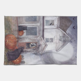 ハロウィ図解入りの、写真付きのンハウトハウス（黒猫） キッチンタオル