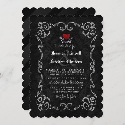 ハロウィ結婚ーンの「TIL DEATH」骨格とハート 招待状 (正面/裏面)