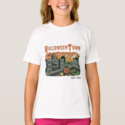 ハロウェ不気味ンタウンサンセットシーン – ヴィンテージハロー Tシャツ (正面)
