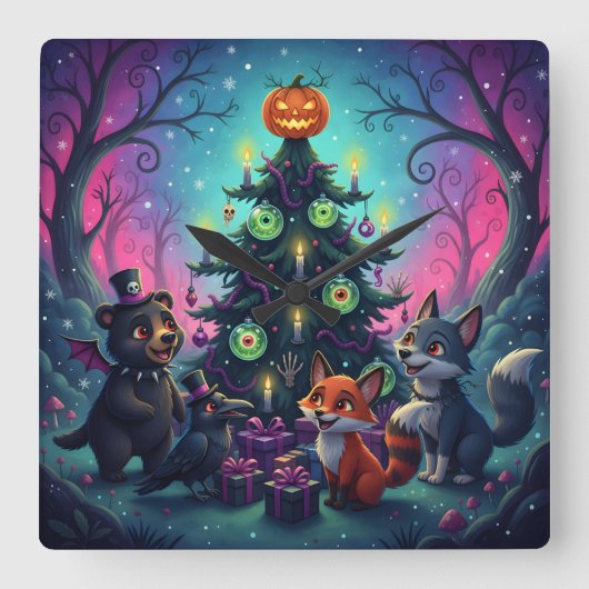 ハロクリスマスツリーシーン スクエア壁時計 (正面)