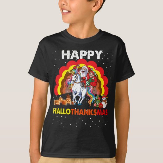 ハロサンクスギビング小妖精や小人サンタユニコーンクリスマスプレゼント Tシャツ (正面)