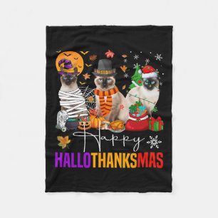 ハロサンクスサムサイアミーズキャットハロウィンサンクスギビング フリースブランケット