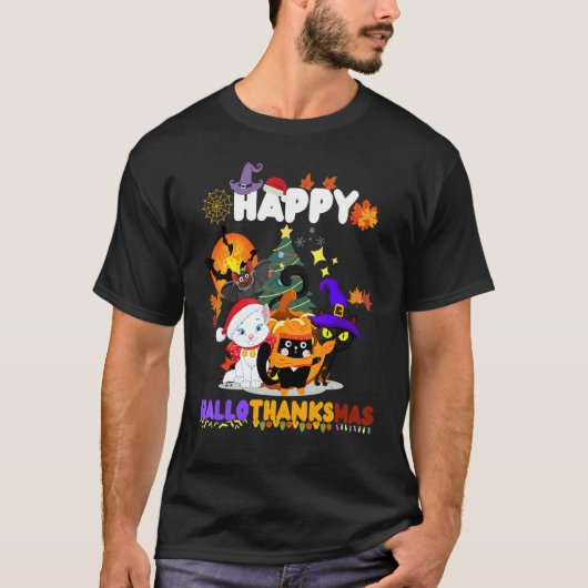 ハロサン感謝祭の幸せな猫たち 魔女 サンタの帽子 カボチャ Tシャツ (正面)