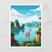 ハロングベイベトナムヴィンテージ旅行イラストレーション ポストカード (正面)
