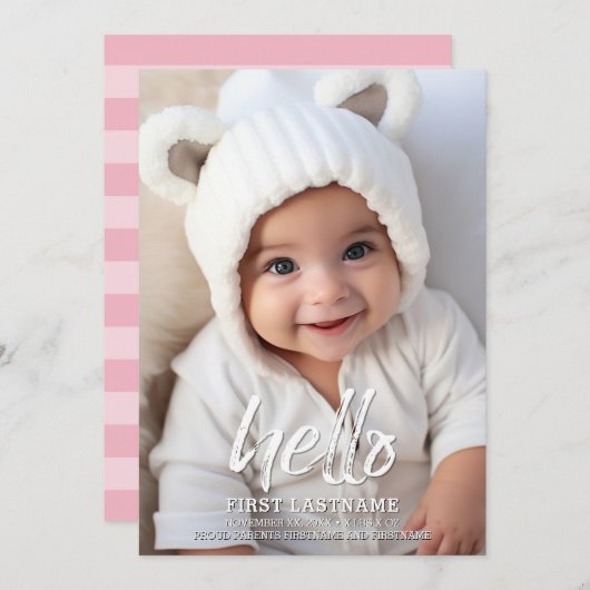ハローお洒落ブラシ文字ベビーガール写真 案内状 (正面/裏面)