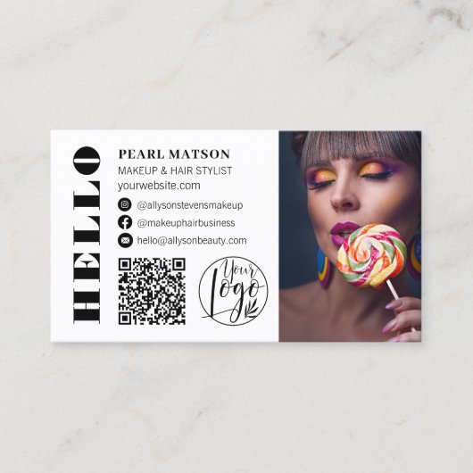 ハローはっきりしたホワイトシックQrフォトロゴのソーシャルメディア 名刺 (正面)