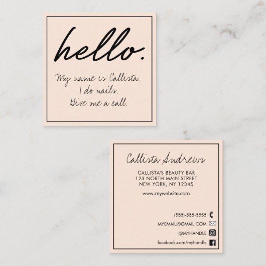 ハローアイドー引用文モダン赤面ピンクタイポグラフィ スクエア名刺 (正面/裏面)