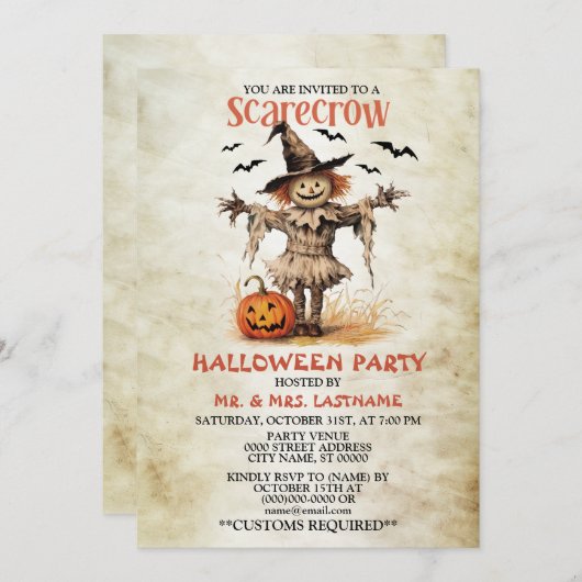 ハローウィンパーティかかし悪オレンジカボチャ 招待状 (正面/裏面)