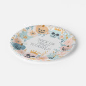 ハローウィンパーティかわいいトリックまたはトリートスカル花 ペーパープレート (アングル)