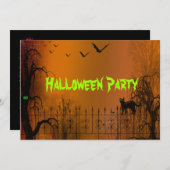 ハローウィンパーティこうもりとブラックキャット招待状 招待状 (正面/裏面)