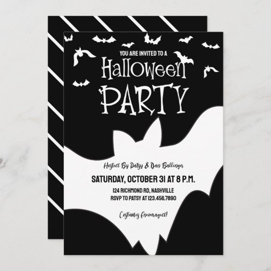 ハローウィンパーティこうもりの白黒の不気味衣装 招待状 (正面/裏面)